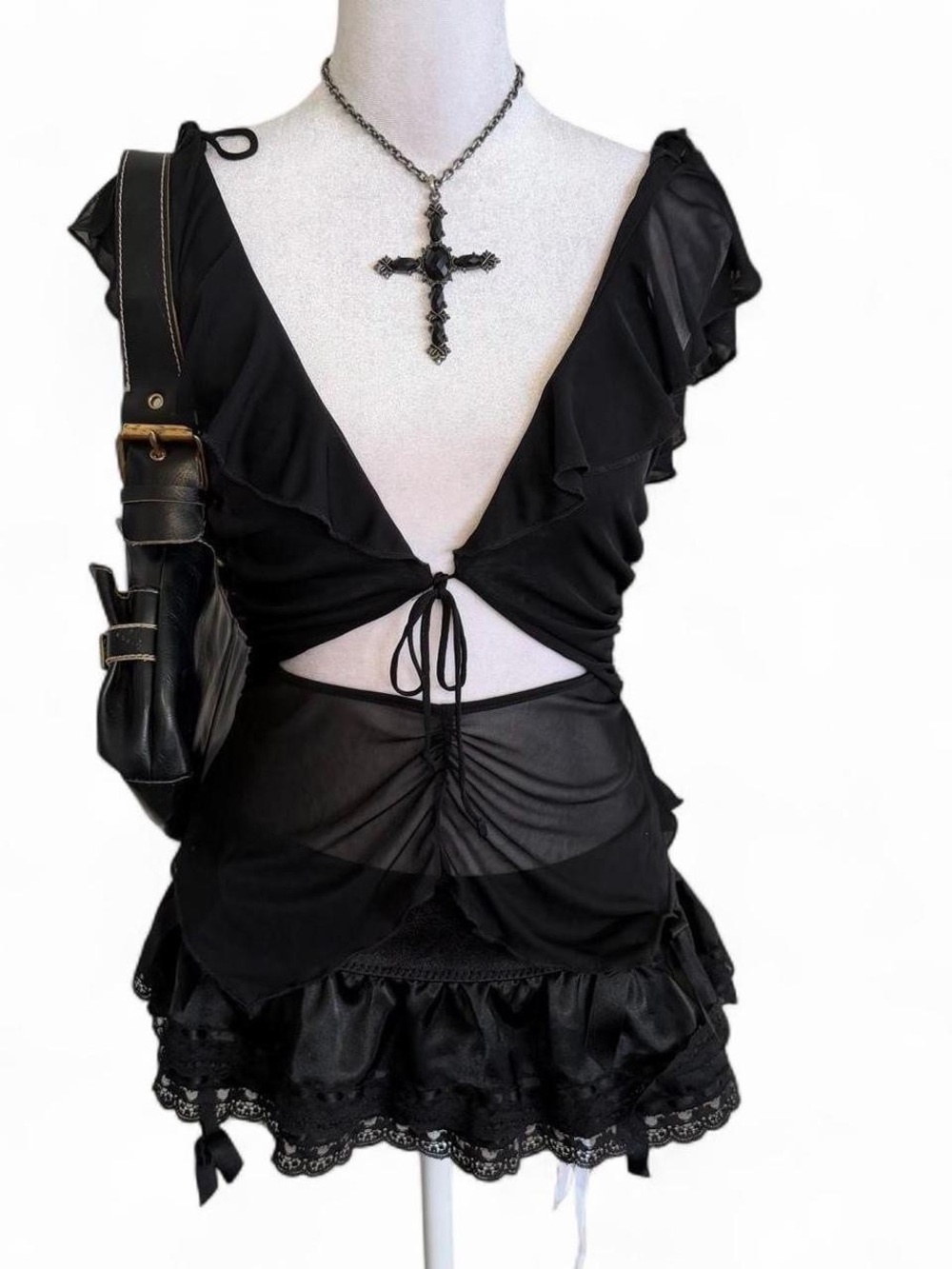 Black mesh urban outfitters tie ruched top